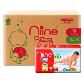Niine Baby Diaper Pants (7-12 KG) with Wetness Indicator | Rash Control | (Pack of 6) - Medium Size  (204 Pants)