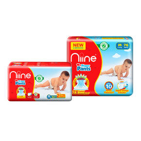 Niine Baby Diapers Pants (7-12 KG) Combo| Wetness Indicator | Upto 12 Hrs Absorption | Medium Size (110 Pants)