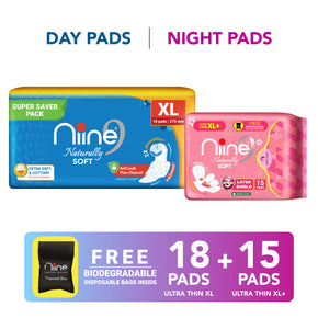 Niine Naturally Cottony Soft (XL, XL+) Ultra-Thin Day & Night Protection - (Pack of 2) Sanitary Pad (Pack of 33)