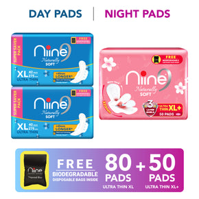 Niine Naturally Cottony Soft (XL, XL+) Ultra-Thin Day & Night Protection - (Pack of 3) Sanitary Pad (Pack of 130)