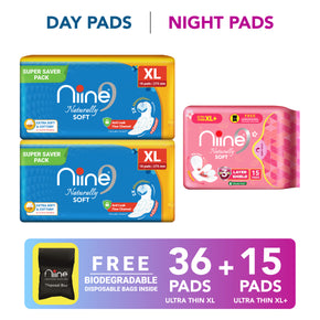 Niine Naturally Cottony Soft (XL, XL+) Ultra-Thin Day & Night Protection - (Pack of 3) Sanitary Pad  (Pack of 51)