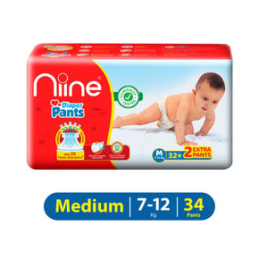 Niine Cottony Soft Baby Diaper Pants with Change Indicator for Overnight Protection (Pack of 2) Medium Size (68 Pants)