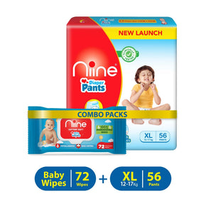 Niine Baby Diaper Pants (12-17KG) XL size 56 Pieces with Baby Wipe 72 Pieces - XL (128 Pants)