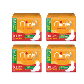Niine Dry Comfort Ultra Thin Sanitary Pads for women (Pack of 4), 60 Pads Count (Super Saver Pack) Sanitary Pad (Pack of 60)