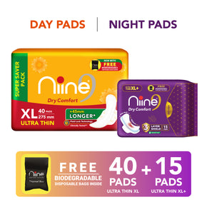 Niine Dry Comfort(XL, XL+)Ultra-Thin Day & Night Protection for Heavy Flow-Combo of 2 Sanitary Pad (Pack of 55)