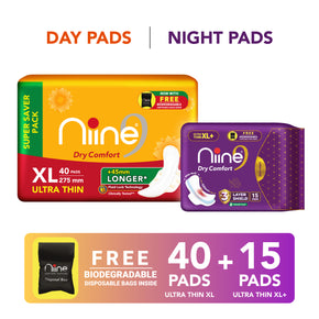 niine Dry Comfort(XL, XL+)Ultra-Thin Day & Night Protection for Heavy Flow-Combo of 2 Sanitary Pad  (Pack of 55)