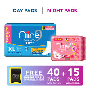 niine Naturally Cottony Soft (XL, XL+) Ultra-Thin Day & Night Protection - Combo of 2 Sanitary Pad  (Pack of 55)