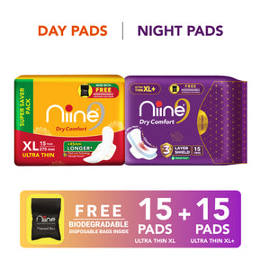 Niine Dry Comfort(XL, XL+)Ultra-Thin Day & Night Protection for Heavy Flow -Combo of 2 Sanitary Pad (Pack of 30)