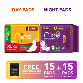 niine Dry Comfort(XL, XL+)Ultra-Thin Day & Night Protection for Heavy Flow -Combo of 2 Sanitary Pad  (Pack of 30)