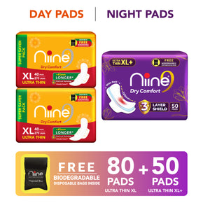 niine Dry Comfort(XL, XL+)Ultra-Thin Day & Night Protection for Heavy Flow-Combo of 3 Sanitary Pad  (Pack of 130)