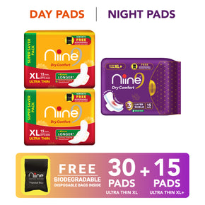 Niine Dry Comfort(XL, XL+)Ultra-Thin Day & Night Protection for Heavy Flow(Combo of 2) Sanitary Pad (Pack of 45)