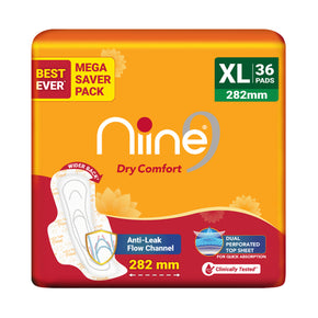 Niine Dry Comfort Extra Long Sanitary Pads. Anti-Leak Flow Channel, Pack of 36, Heavy Flow Protection & Long-Lasting Dryness