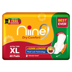 Niine Dry Comfort Ultra Thin XL Sanitary Pads, Pack of 40, Fluid Lock Gel Technology, Rash-Free & Long-Lasting Dryness