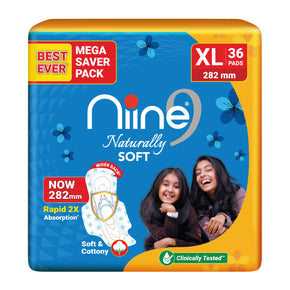 Niine Naturally Soft XL Sanitary Pads Pack of 36, Anti-Leak Flow Channel, Extra Soft Cotton Comfort
