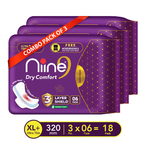 Niine Dry Comfort Sanitary Napkins Ultra Thin XL+ 6s (320MM) 2+1 Combo
