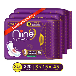 Niine Dry Comfort Sanitary Napkins Ultra Thin XL+ 15s (320MM) 2+1 Combo