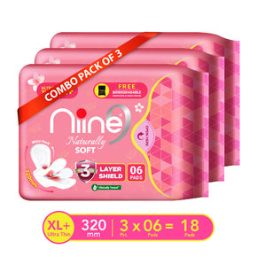 Niine Naturally Soft Sanitary Napkins Ultra Thin XL+ 6s (320MM) 2+1 Combo