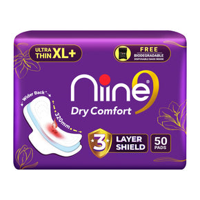 Niine Dry Comfort Ultra Thin XL+ Sanitary Napkins with 3 Layer Shield for Heavy Flow, Pack of 50, Free Disposable Bags, Rash-Free & Leak-Proof Protection