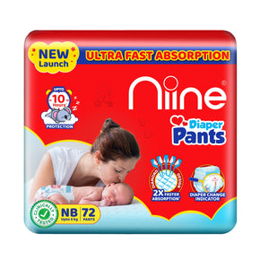 Niine Cottony Soft Baby Diaper Pants – NB/XS (72 Pieces), Upto 5kg, Change Indicator, Newborn Diapers for 12-Hour Protection