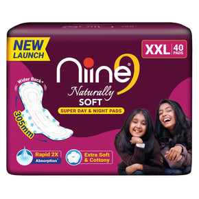 Niine Naturally Soft XXL Sanitary Napkins, Pack of 40, Super Day & Night Pads for Heavy Flow, Rash-Free Cotton Comfort